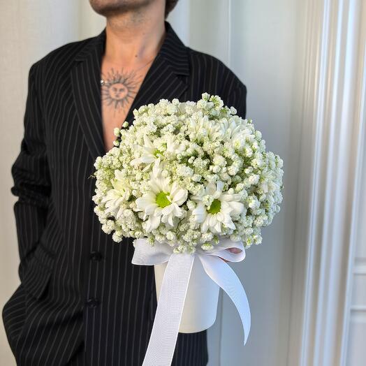 Белая гипсофила 4 шт и хризантема ромашка 3 шт в коробке