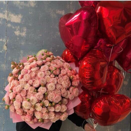 ВАУ ПОДАРОК, огромный букет роз 51шт и шары сердце 15шт
