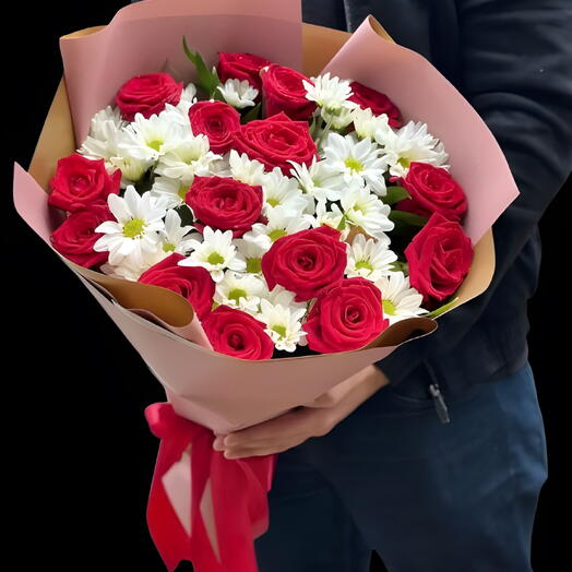 Red Roses with White Chrysanthemums