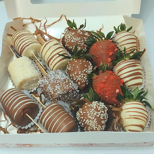 Set of strawberries and bananas in chocolate