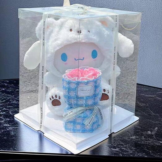 Подарочный набор с плюшевой игрушкой и цветами в прозрачной коробке | Мишка с букетом | Подарок для девушки