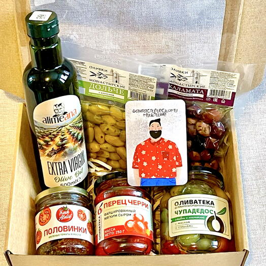 Гастрономический подарок «Фантастическому мужчине» — оливковое масло Extra Virgin, оливки премиум, антипасти