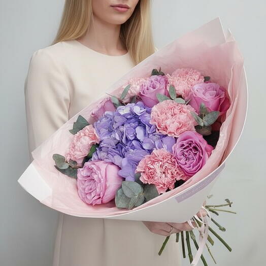Соберу букет 🌿202 (пионовидные розы, гортензия, гвоздики и эвкалипт )