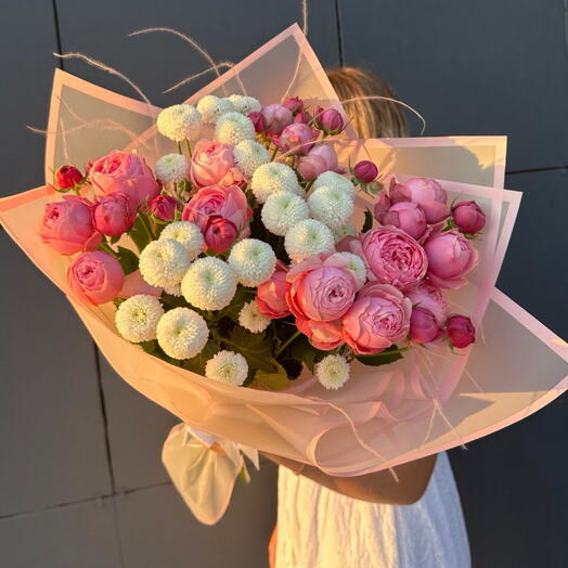 Букет кустовые пион розы хризантемы «Облачко нежности»💗