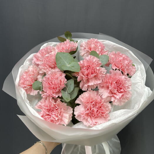 🌸Акция🌸Букет из 11 розовых гвоздик с эвкалиптом