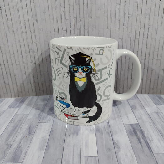Кружка для учителя, котик в очках (или ваша надпись, изображение)