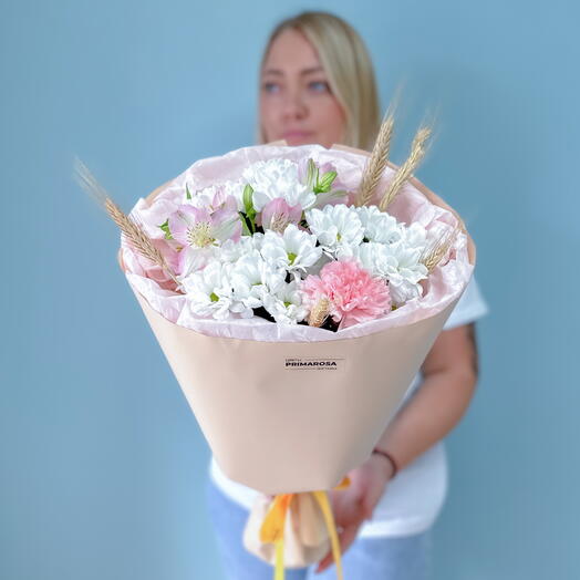 Букет с хризантемами, пшеницей и альстромерией «Летняя история» 🌾🌸 39861