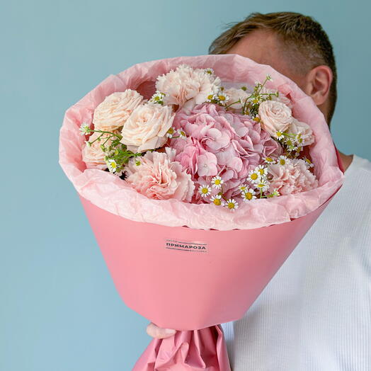Букет с гортензией, розой Бомбастик и ромашками «Розовый закат» 🌸🤍 40816