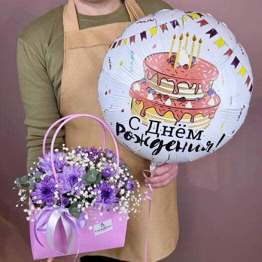 Сумочка с фиолетовой хризантемой + шарик