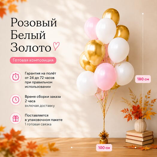 Связка шариков розовый/ белый/ золото