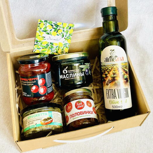 «Вкус Греции» гастрономический подарок с оливковым маслом Extra Virgin, маслинами Гигант, брускеттой и вялеными томатами