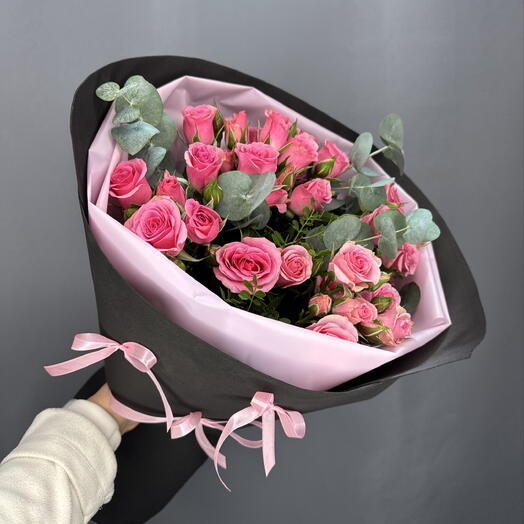 Букет кустовых роз Pink🎀 с бантиками ламбет