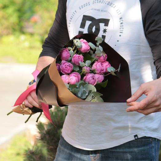 Misty Bubbles Peony bush roses with eucalyptus in a designer package
