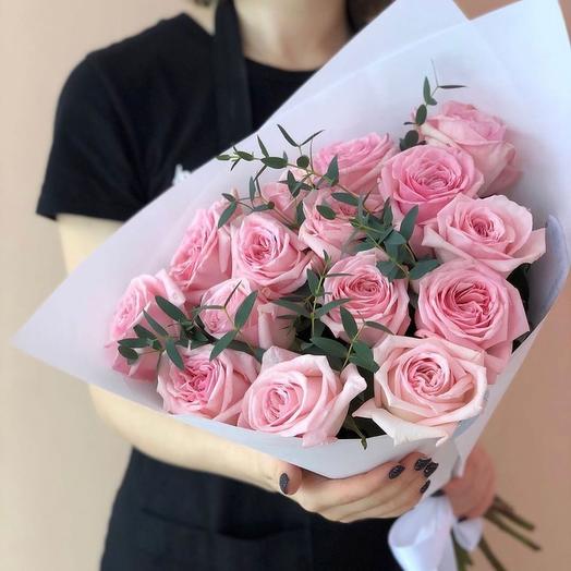 A bouquet of 15 soft pink roses with eucalyptus and in the original packaging