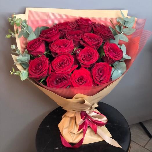 Bouquet of gorgeous roses with eucalyptus