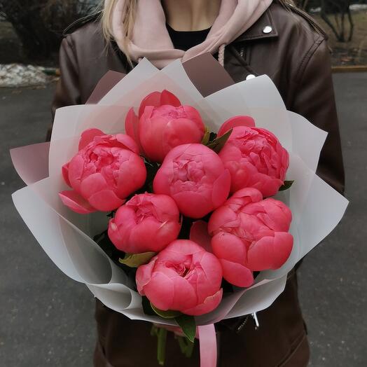 7 коралловых пионов Корал шарм. Букет 215 Kimbirly Flowers
