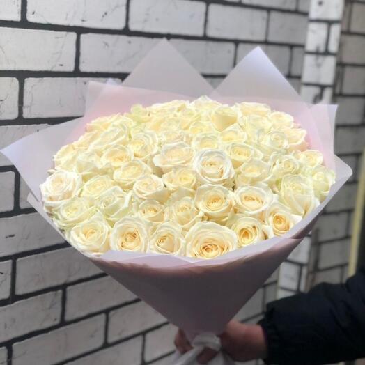 Lush bouquet of 51 white roses in a white package