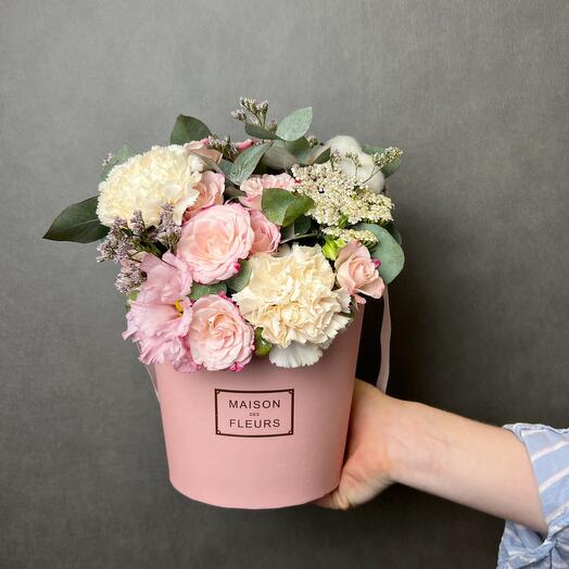 The flowers are beautiful in a pink MAXI box, with a bush rose, dianthus and eucalyptus