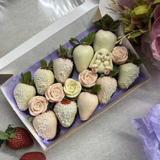 Chocolate-covered strawberries with a bunny