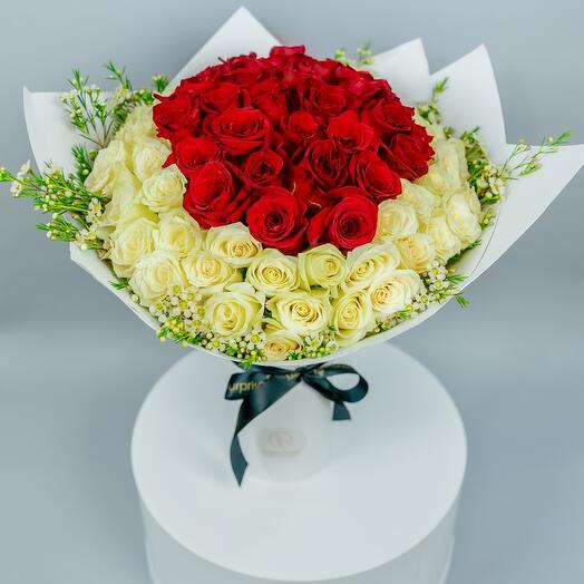 50 Red   White Long Stem Roses With Wax flower Hand Bouquet