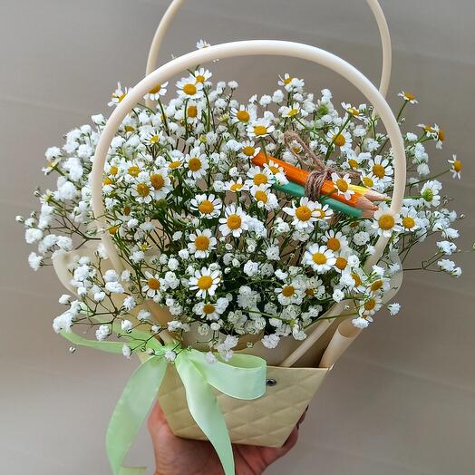 Handbag with gypsophila and chamomile