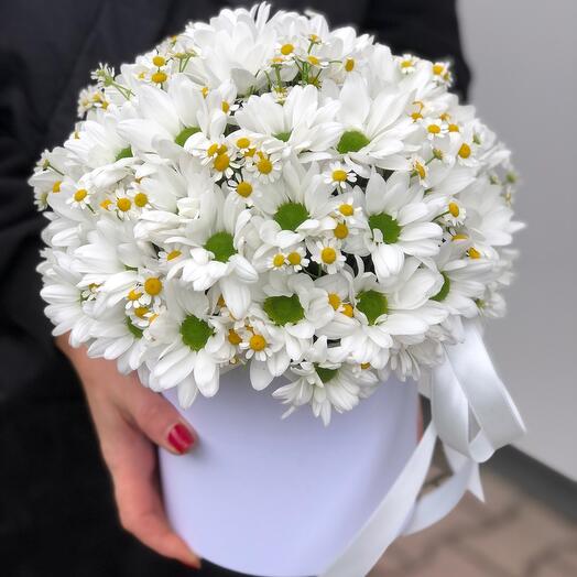 Воздушная коробка с ромашками и хризантемой балтикой