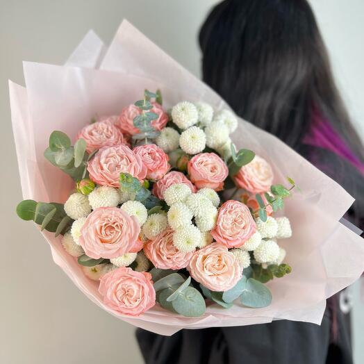 Pink bushy peony-shaped roses with cute chrysanthemum and eucalyptus