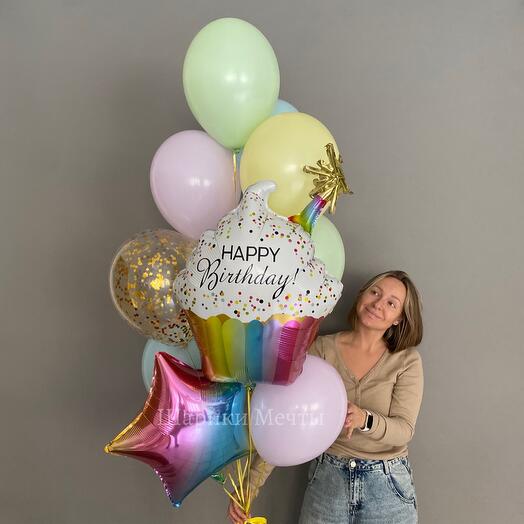 Globos de cumpleaños para niña, niña o mamá con globos de Cupcake y bolas delicadas de colores