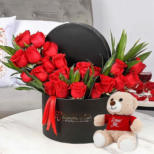 My Love Box 25 Red Roses and I Love You Teddy