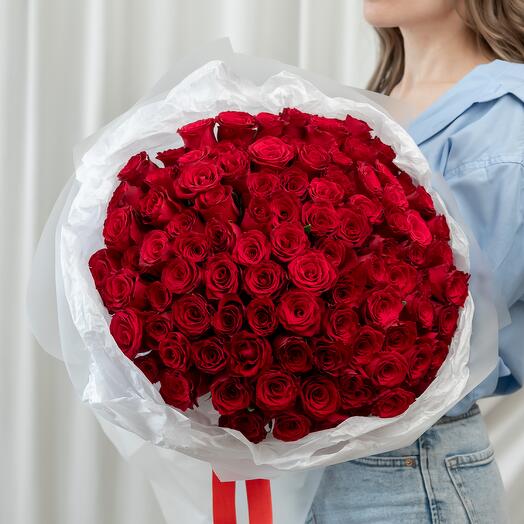 🌹Букет моно «Коллекция МосРозаОпт премиум»/101 Роза кенийская/красные розы/Цветы Магнитогорск/Доставка Магнитогорск