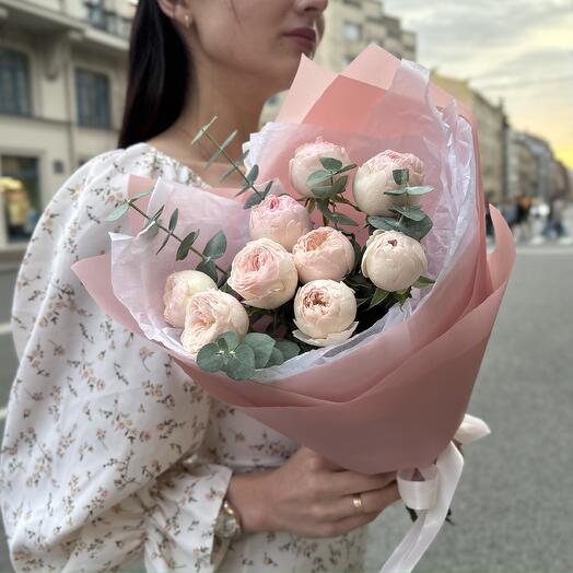 Bouquet of delicate peony-style roses with eucalyptus