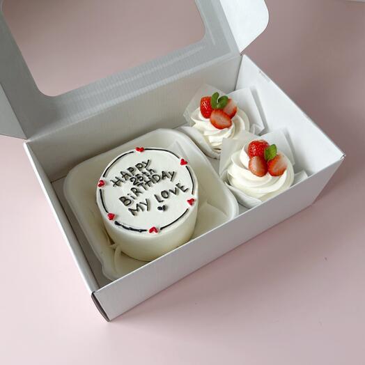 Gift set of bento cake and 2 cupcakes "happy birthday my love