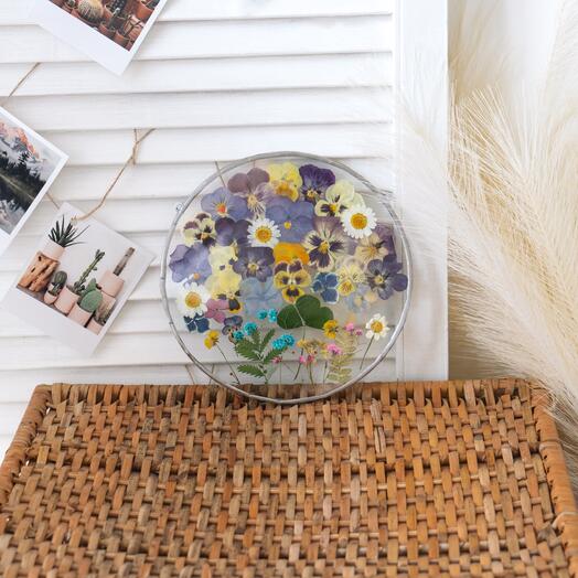 Арт. 002серебр Круглое стеклянное панно с живыми цветами