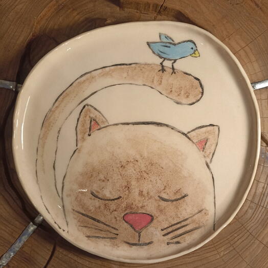 Тарелка Птице-кот. Керамика ручной работы