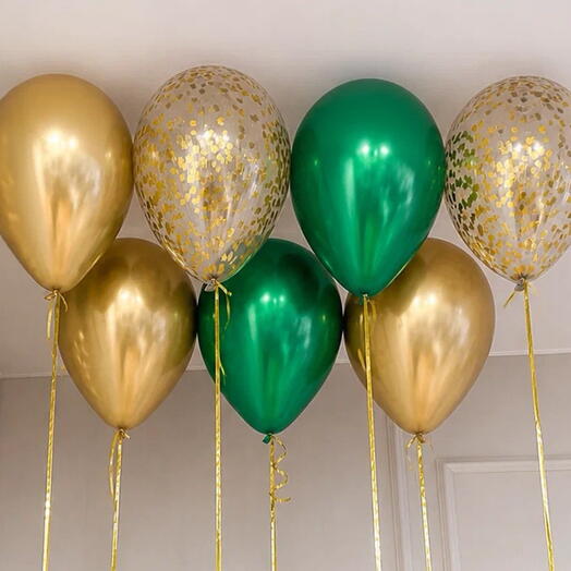 Воздушные шары / 7 шаров / Шары с гелием / Набор шаров: зеленый шар, золотой шар, прозрачный с конфетти / Арт.ШПN12