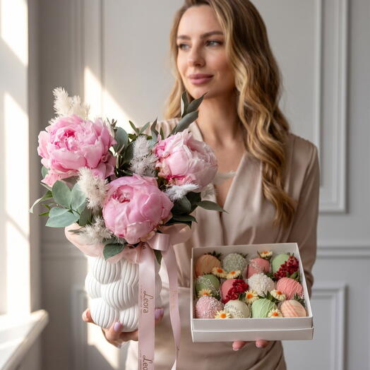 Пионы в 3Д кашпо с клубникой в шоколаде. Подарочной набор 5119 Leoraflowers