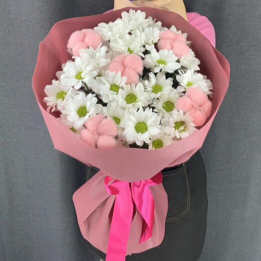 Букет из пяти хризантем ромашек с хлопком👛💞