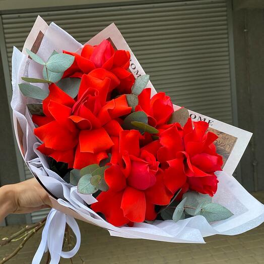 Red roses with eucalyptus