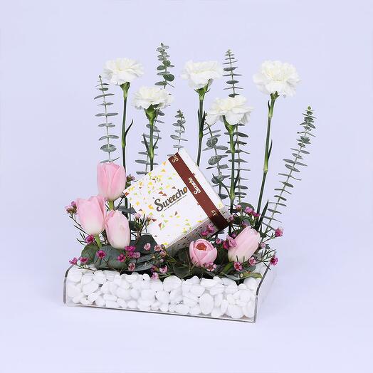 Soft Flower and Chocolate Arrangement