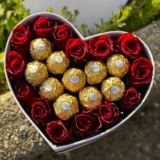Heart shaped box with roses and Ferrero Rocher