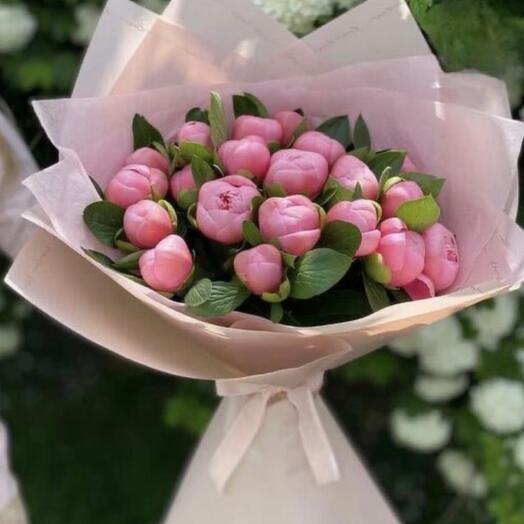 Bouquet of pink peonies and greenery