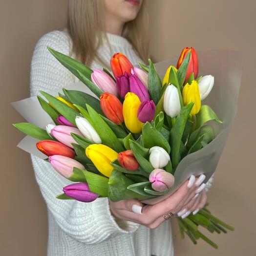 Букет из разноцветных тюльпанов микс 25 штук