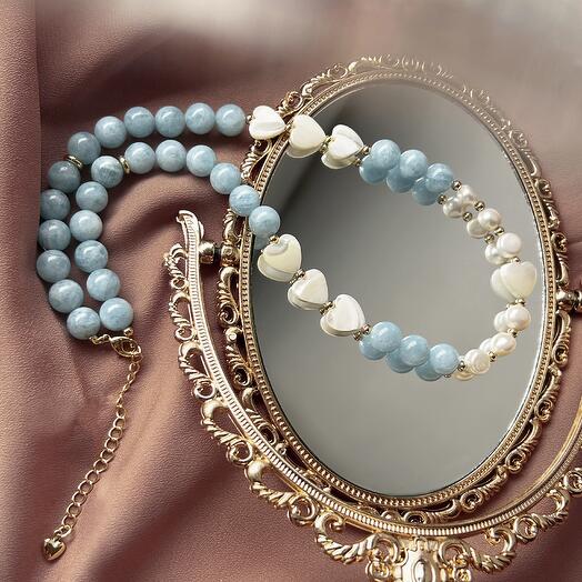 Necklace made of aquamarine, mother of pearl and pearls, a gift for your beloved