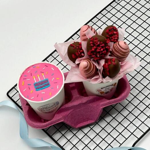 Бенто торт в стаканчике "Тортик" и Клубника в шоколаде на день рождения