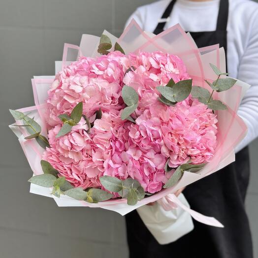 Bouquet of pink hydrangeas with eucalyptus
