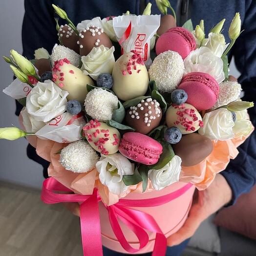 Assorted hatbox with chocolate-covered strawberries and flowers