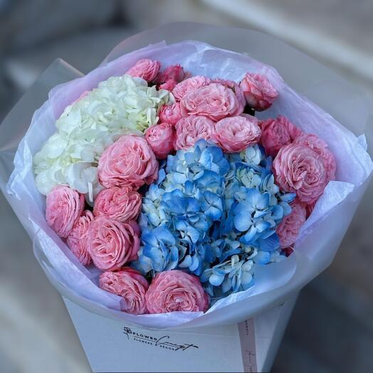 Bouquet with hydrangeas and shrub roses