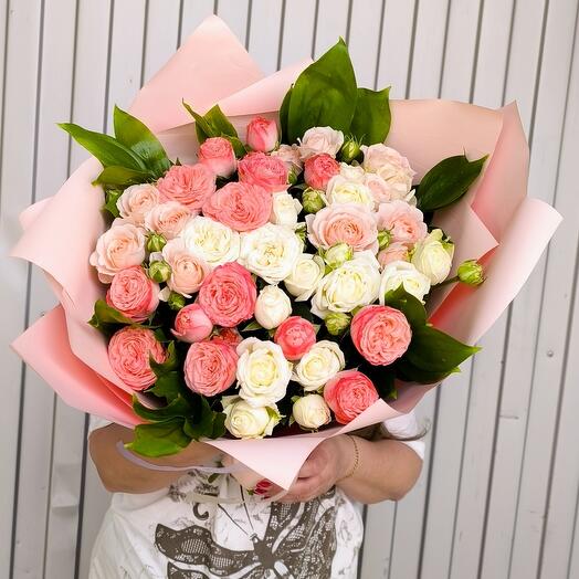 💞 Букет из 15 веток пионовидной кустовой розы МИКС