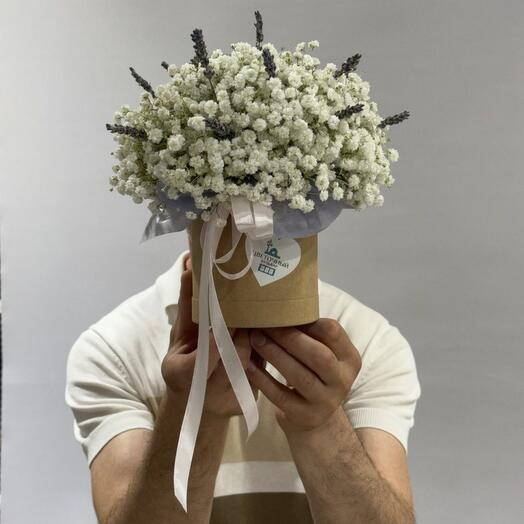 Цветы в коробке из гипсофилы, лаванда / LAVENDER / маме / подруге