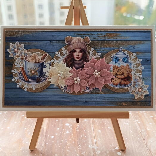 Открытка новогодняя "Девушка с цветами"